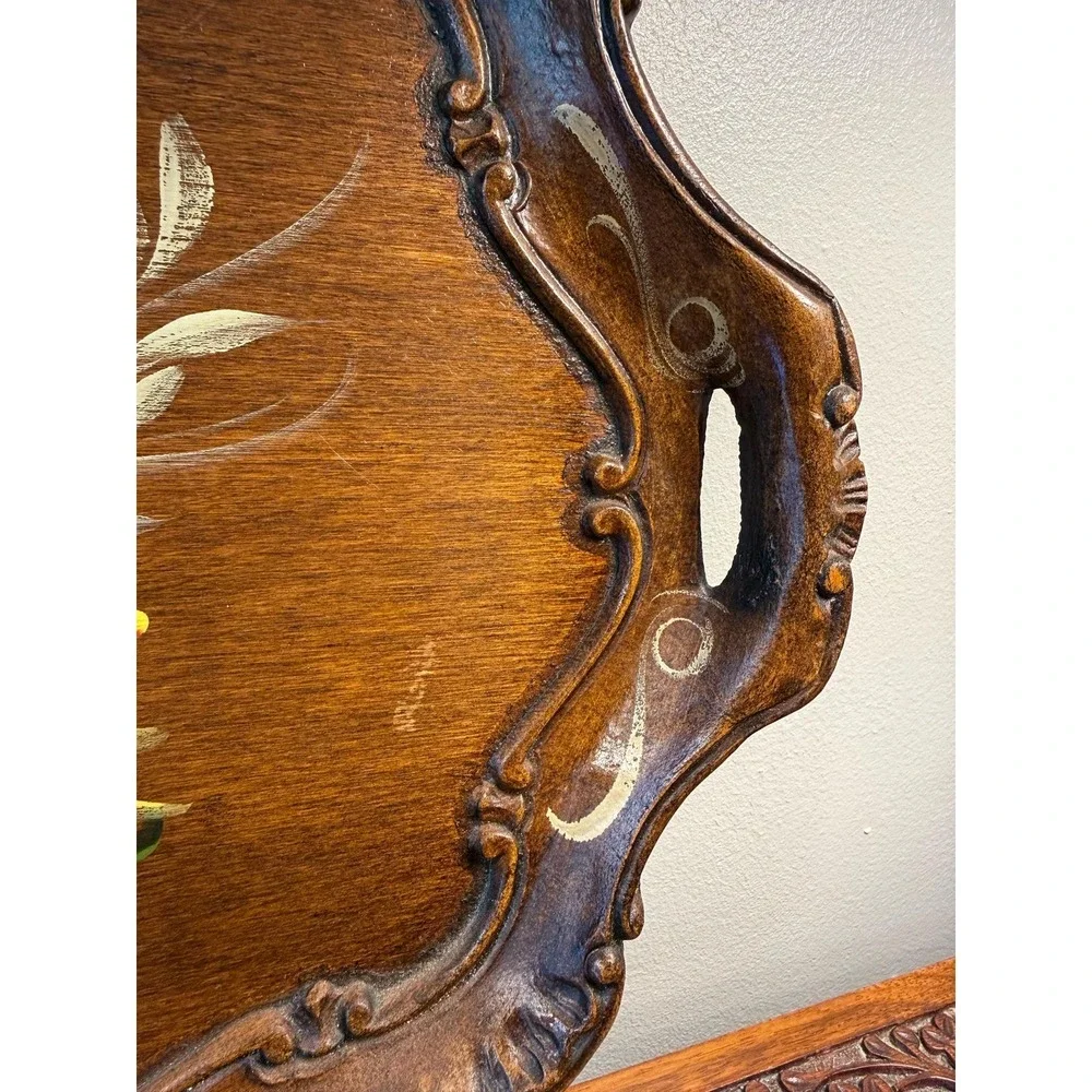 Vintage Ernst Huber Berchtesgaden Germany Hand Painted Carved Wood Tray Floral